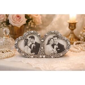 Vintage Double Heart Picture Frame Silver Jeweled Romantic Wedding Coquette